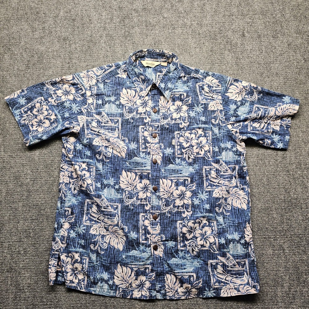 Paradise Bay Mens Large Blue Floral Aloha Hawaiian Shirt Made in Hawaii Tropical